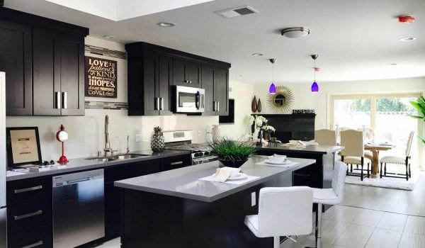 Sleek open-plan kitchen with modern decor, featuring stainless appliances and bar seating.